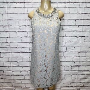 Eliza J Light Grey Lace Rhinestone Neckline Dress